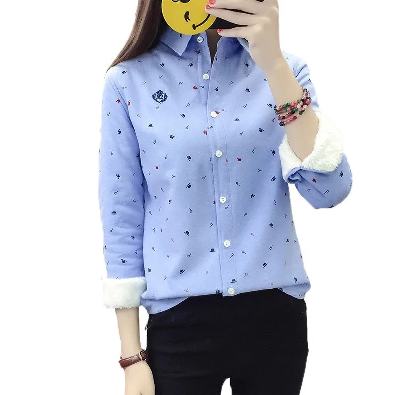 2019 Корейские осенние весенние плотные теплые женские топы и блузки с принтом