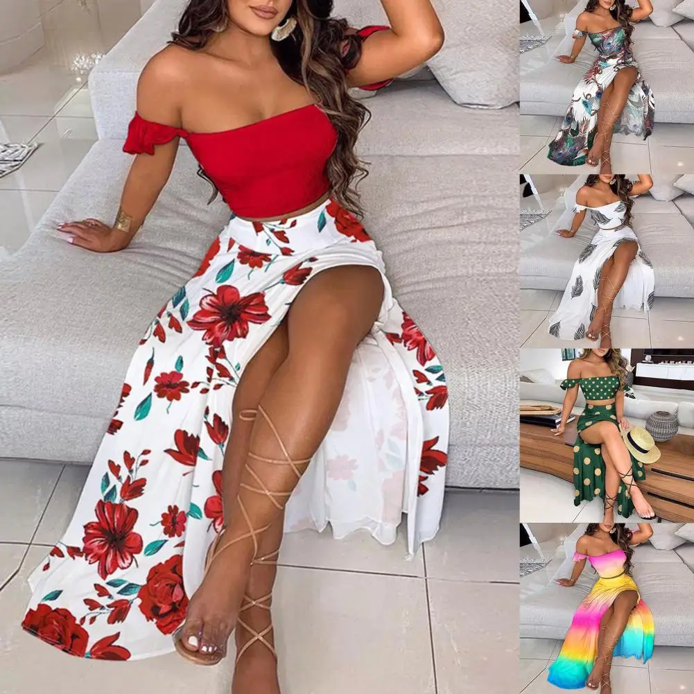 Sexy Women Outfit Two Pieces Set Feather Off Shoulder Tube Crop Top High Slit Hem Ladies Robe Long Dress Print Skirt for Summer