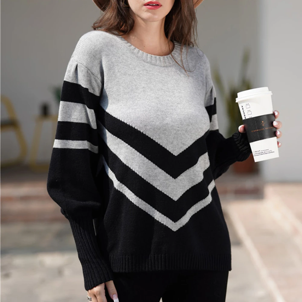 

New Autumn Winter Women's Sweater Fashion Striped Round Neck Shirt Patchwork Loose Long Sleeved Sweater Women Tops Pull Femme