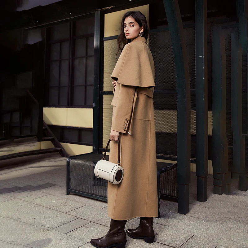 

Khaki Loose Fit Spliced Belt Double-sided Woolen Coat Parkas New Long Sleeve Women Fashion Tide Autumn Winter 2011 1DD1911