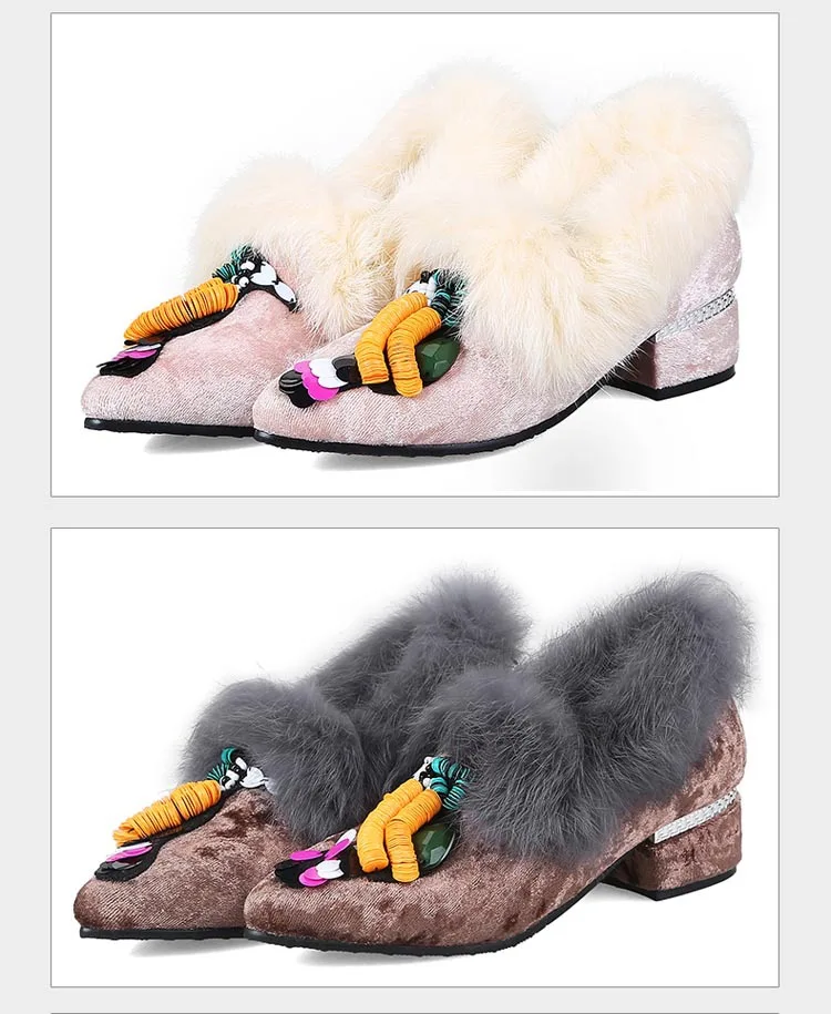 Woman's gold velvet face cartoon decorative pointed head with single heel shoes | Обувь