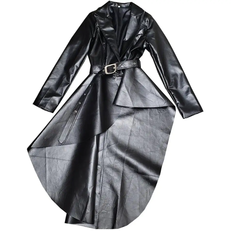 Черный длинный тренчкот из искусственной овечьей шкуры в британском стиле с