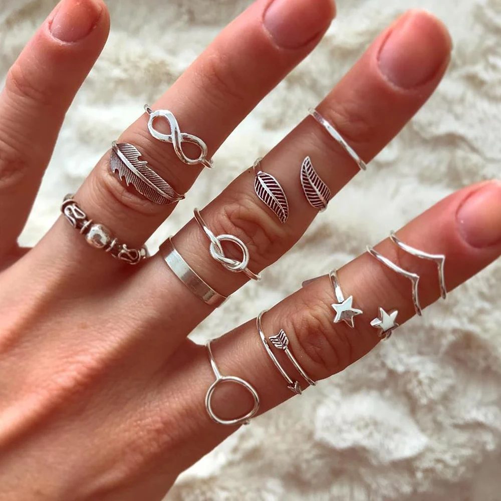 12 шт./компл. простые женские кольца звезды стрелы круг листья 8 слов