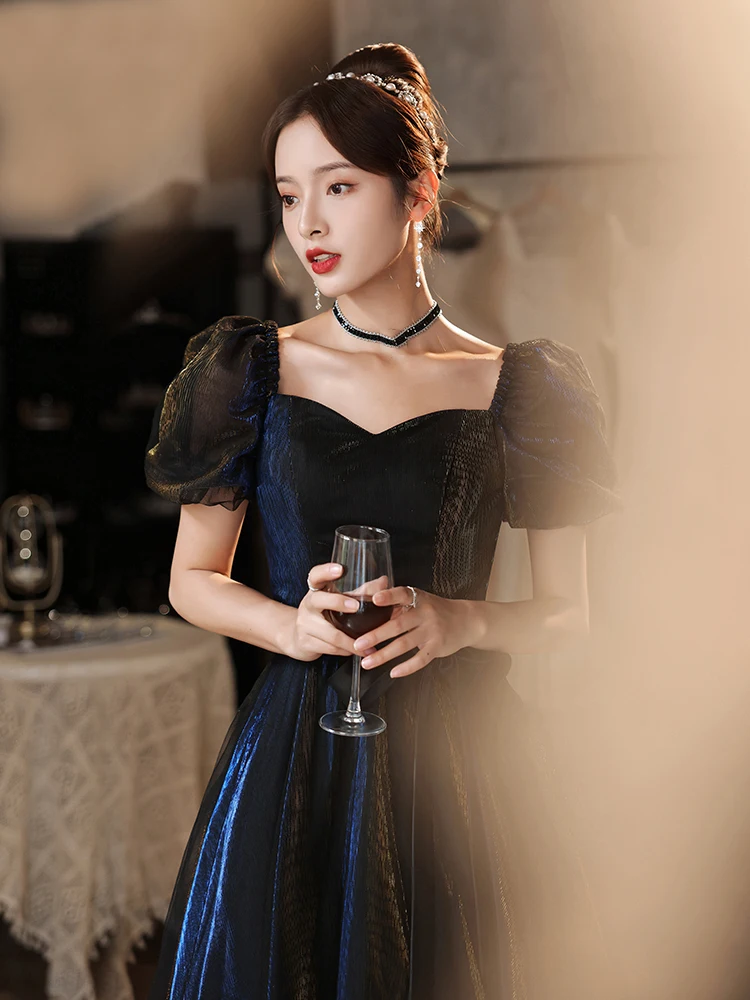 

Square Collar Black Evening Dress Party Elegant For Women A-Line Floor-Length Puff Sleeve Vintage French Style Formal Prom Gowns