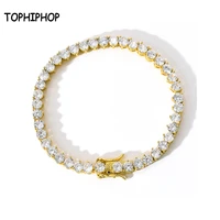 tophiphop 4mm round tennis chain aaa cubic zircon bracelet three claw gold silver mens and womens bracelet hip hop jewelry
