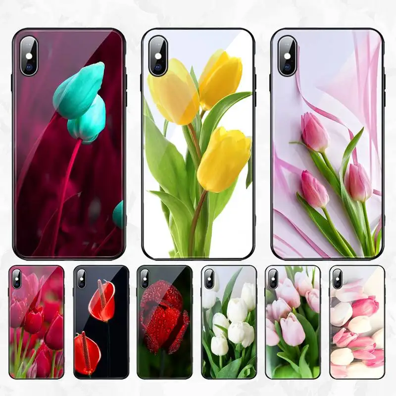 

HPCHCJHM Tulip flower Cover Black Soft Shell Phone Case Tempered Glass Phone Case For iPhone 11 Pro XR XS MAX 8 X 7 6S 6 Plus