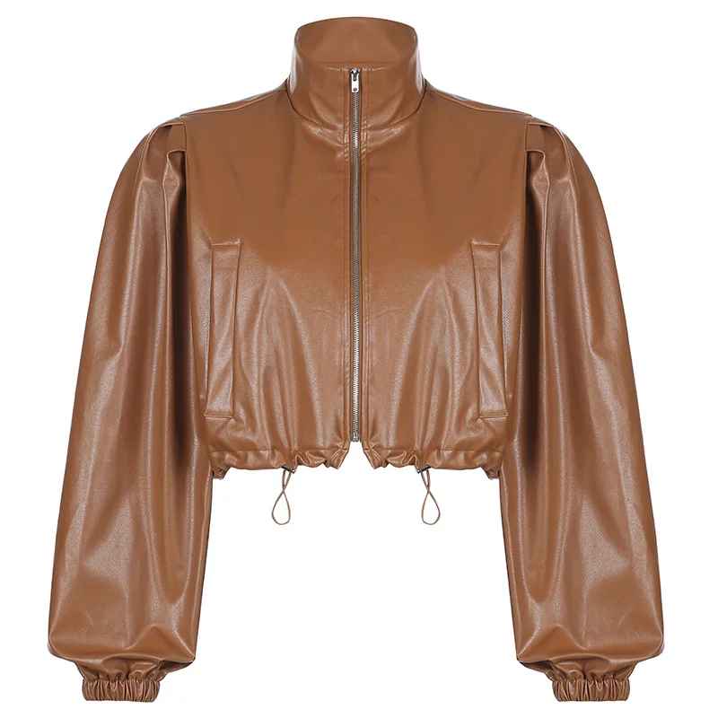 European Street Motorcycle Cool Polo Collar Drawstring Adjustable Leather Jacket Short Long Sleeve PU Jacket Zipper Cardigan Top