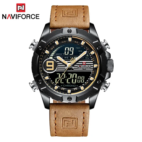 NAVIFORCE Reloj Hombre, наручные мужские часы, Лидирующий бренд, роскошные, натуральная кожа, кварцевые часы, спортивные часы, мужские Relogios Masculino - Цвет: Brown Yellow
