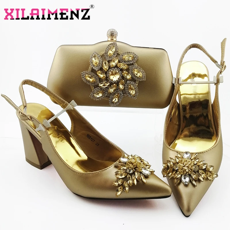 

2019 New Golden Color Fashion Rhinestone Woman Shoes And Matching Bag Set Italian Style Pumps Shoes And Bag Set For Party