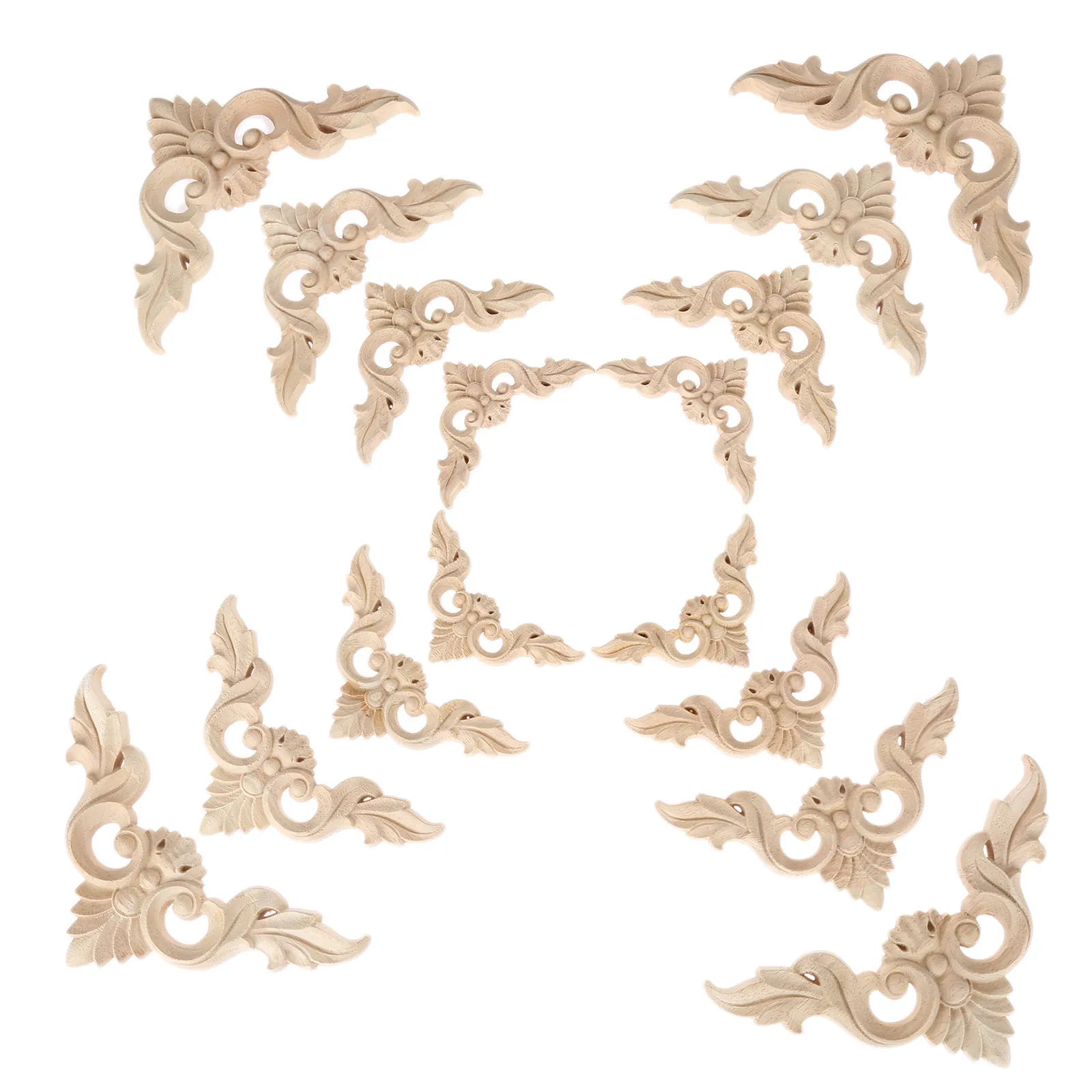 

4Pcs 8/10/12/15cm Unpainted Wooden Carved Decal Corner Woodcarving Onlay Applique Flower Furniture Cabinet Box Doors Decoration