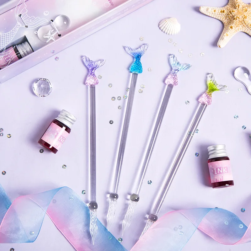 Tassels Mermaid Glass Dip Pen Set For Drawing Calligraphy Handmade Ink Fountain Gift Girls Women Stationery Journal | Канцтовары для
