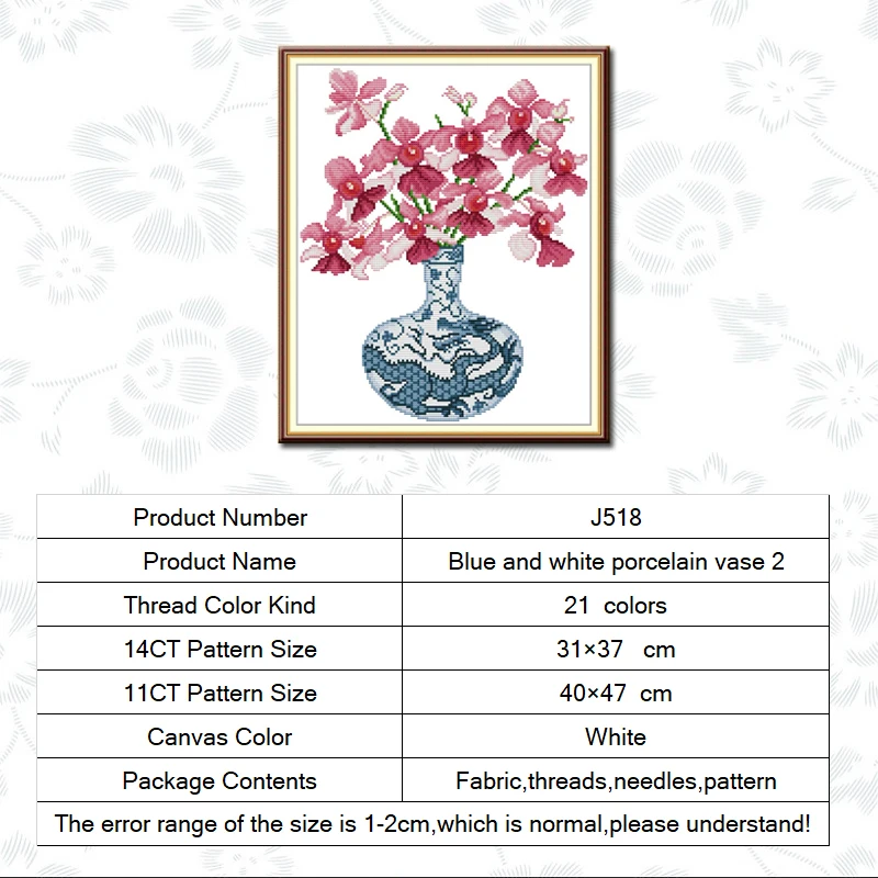 

Joy Sunday Vase Flower Style Cross Stitch Kits 11CT Printed Fabric 14CT Counted Canvas Embroidery Handmade Needlework Gifts Sets