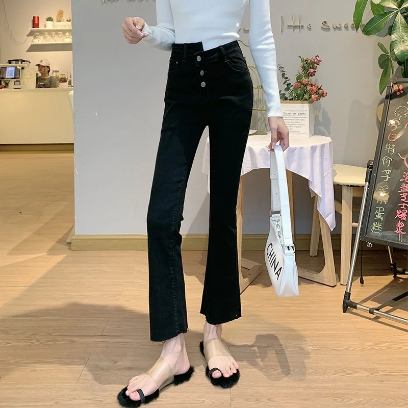 

Новинка 2021, женские джинсы, укороченные брюки, черные облегающие брюки неправильной формы, одежда, брюки