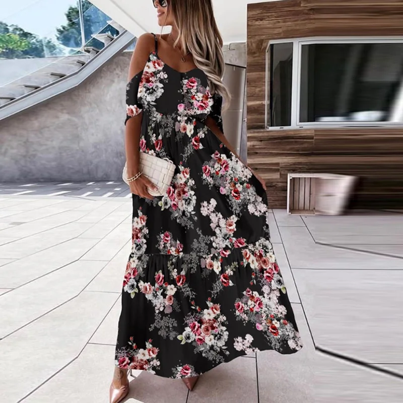 

2021 Boho Dress Women Spring V Neck Ruffle Slin Party Dress Vestidos Summer Retro Floral Print Off Shoulder Maxi Beach Dresses