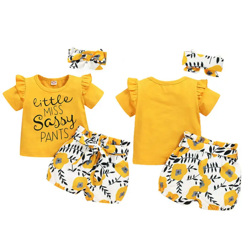 

Children Summer Three Piece Yellow Letter Printed Round Neck Cotton Top Ruffle Casual Loose Shorts Butterfly Hair Band Suit