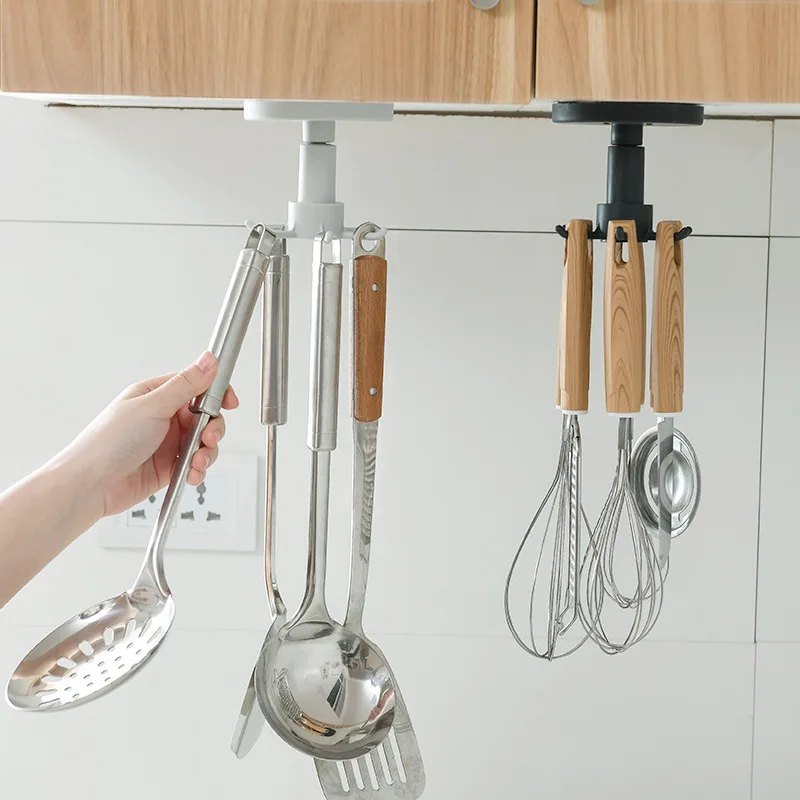 

Wall Mounted Utensil Holder Hanger with 6 Hooks, Rotatable Adhesive Grey Wall Hooks Organizer for Kitchen Bathroom, Damage Free