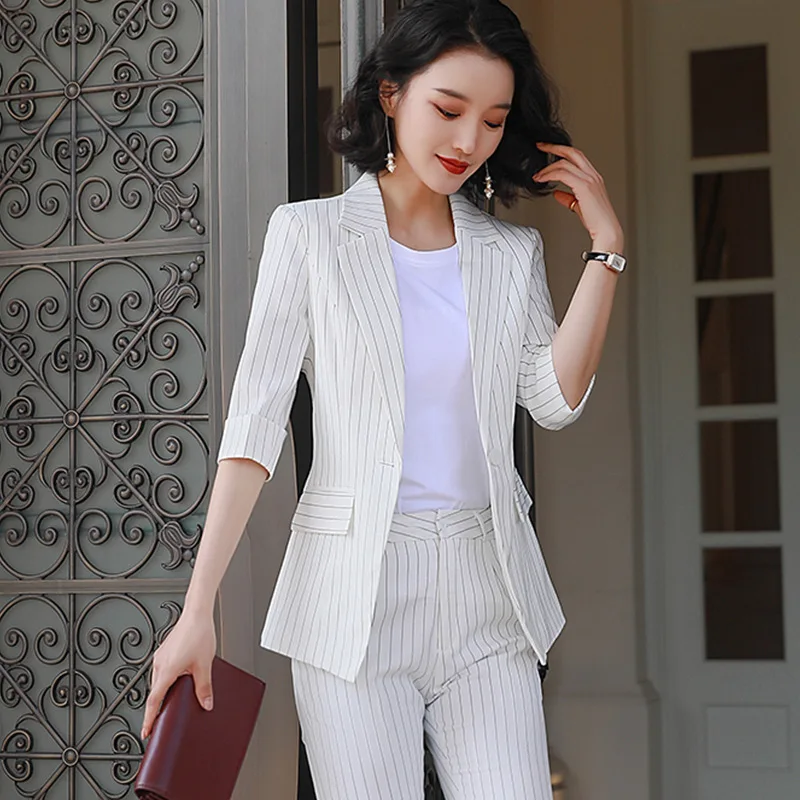 Новинка 2020 белый женский элегантный полосатый Женский костюм блейзер и брюки