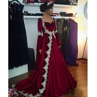 burgundy long sleeve muslim evening dress with gold lace appliques 2019 sweetheart court train party gowns dubai long kaftan