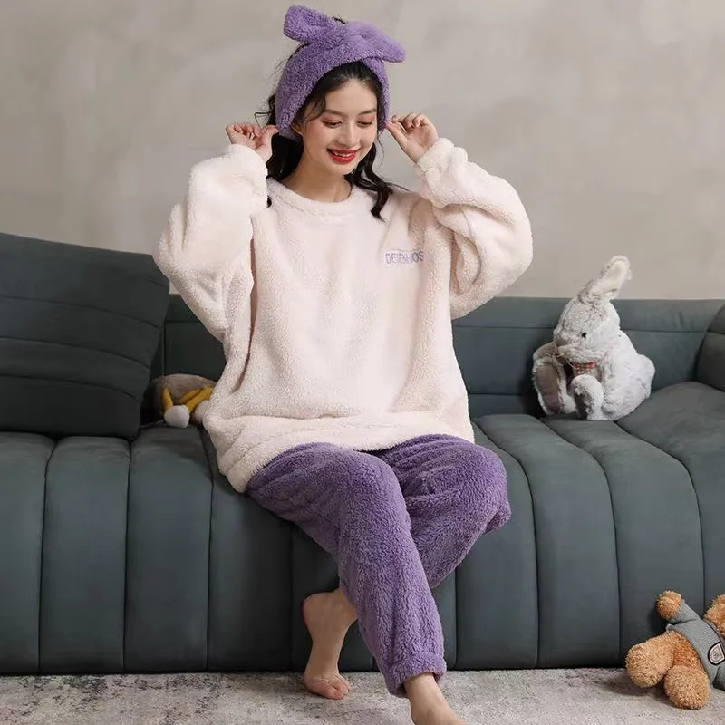 Winter Thick Warm Flannel Pyjamas Set Women's Coral Velvet Long Sleeve Trousers Sleepwear Home Clothing Pajama