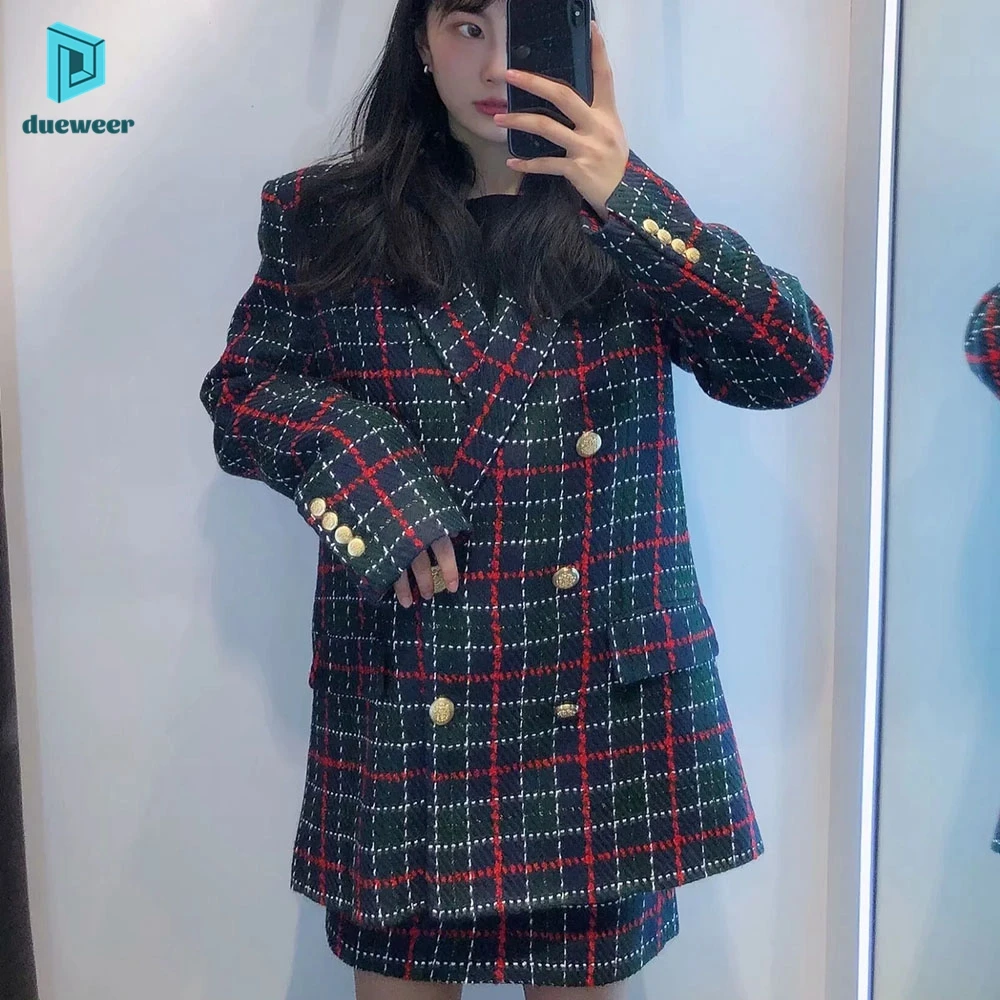 

DUEWEER Women Plaid Black and Red Tweed Jacket Vintage Fashion Double Breasted Stylish Elegant Ladies Long Sleeve Coats