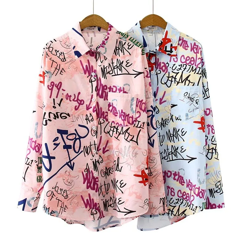 

Letters Graffiti Print Plus Size Shirt Women Turn Down Collar Long Sleeve Fashion Streetwear Tops Casual Office Work Wear Blouse