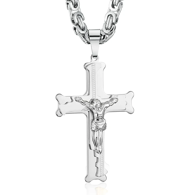 silver Crucifixion Catholic Cross Pedant Necklace Thick Stainless Steel Necklaces Long Personalized Catholic Neckless Men Jewelry Gift - Окраска металла: silver