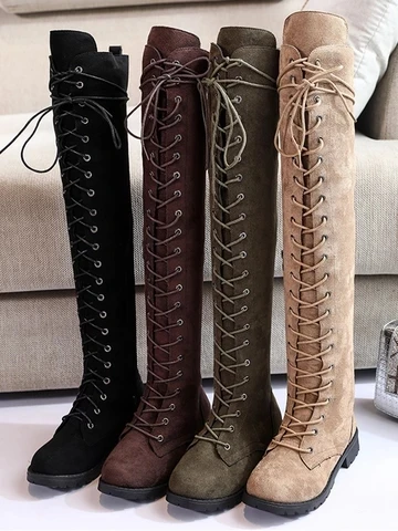 Женские мотоциклетные сапоги до колена на шнуровке спереди женские зимние