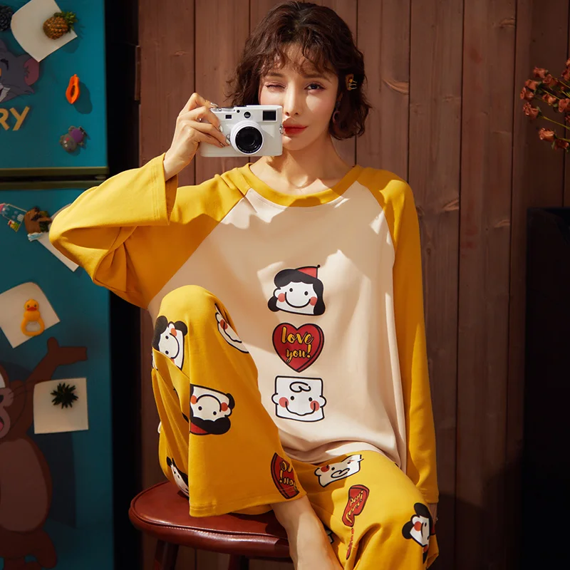 

Minimalist Style Women's Sleepwear Loose Size Pink Top Grey Pants Women's Two Pieces Cotton Pjs Student Girls Home Clothing Suit