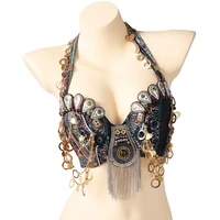 tribal bellydance clothing coin antique gold metallic chain tassels cd cup vintage gypsy belly dance coins bra