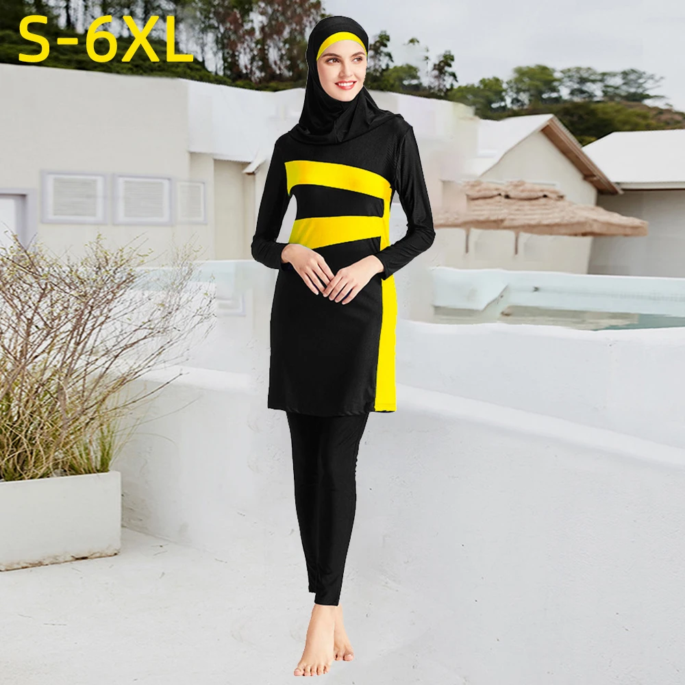 

Burkini Muslim Swimwear Big Size Long Sleeve Hijab Modest Swimsuit 3Piece Set Hooded Top Birkini Black Islamic Woman Borkini 6xl