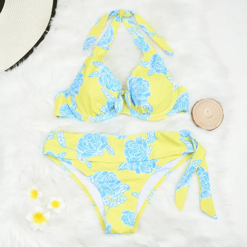

Yellow Sexy Floral Print Large Swimsuits Beach Bikini Push Up Female Plus Size Swimwear Bather Swim Wear Women's Bathing Suit