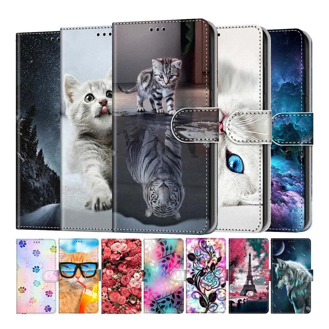 

Cute Cat Tiger Flower Painted Card Slot Wallet Flip Cases For Xiaomi 8 9 10 Lite 9 SE CC9 Pro CC9E A3 Mi 5X 6X Phone Book Cover