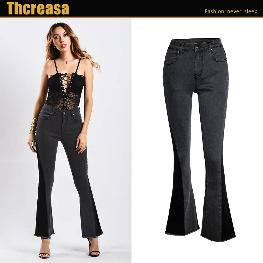 European And American Women's Black Wide Leg Pants Foot Mouth Contrasting Color Cowboy Bell-bottom |