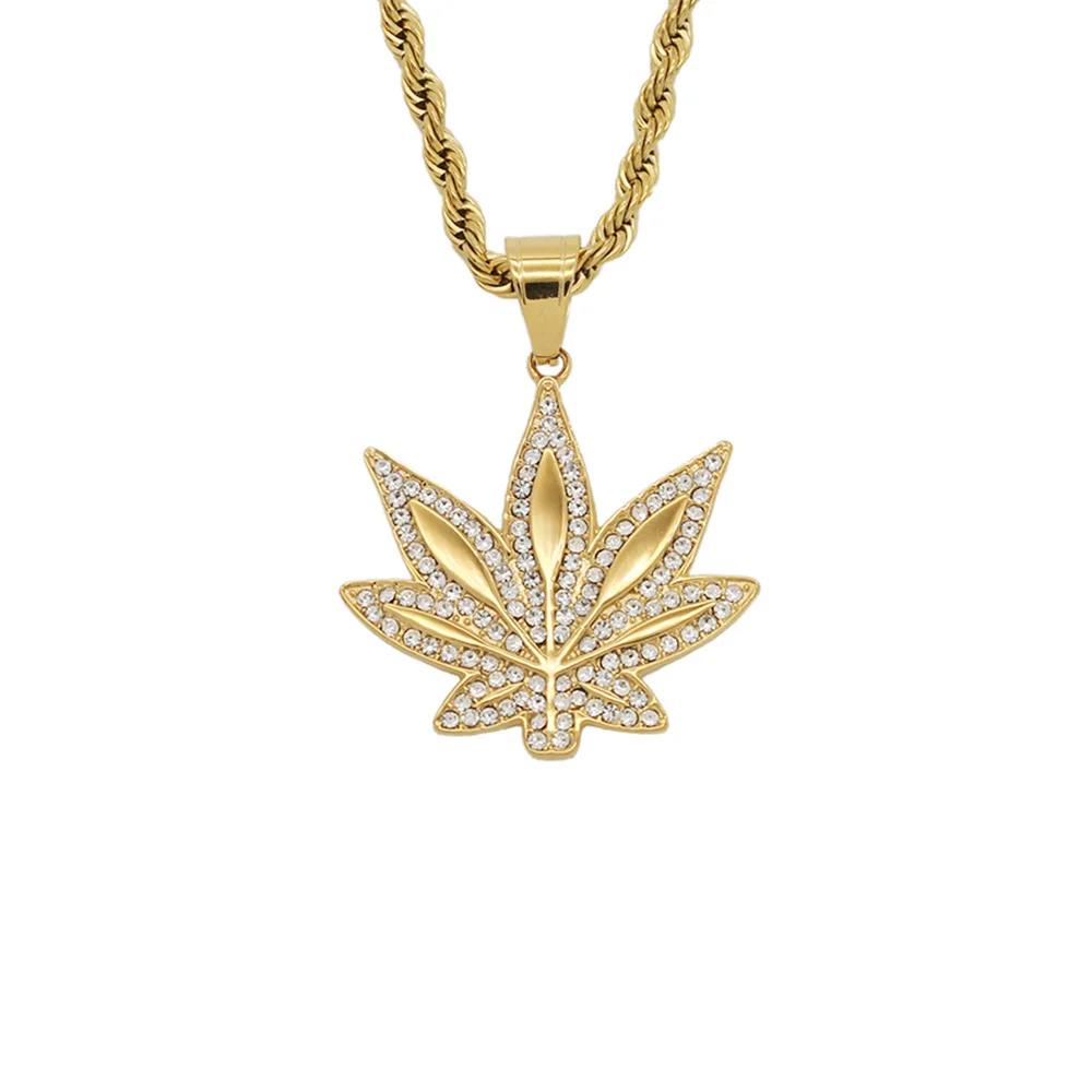 Купи Men's Hip Hop CZ Hemp Leaf Pendant Necklace With Twist Rope Chain Stainless Steel Iced Out Bling Hiphop Jewelry за 620 рублей в магазине AliExpress