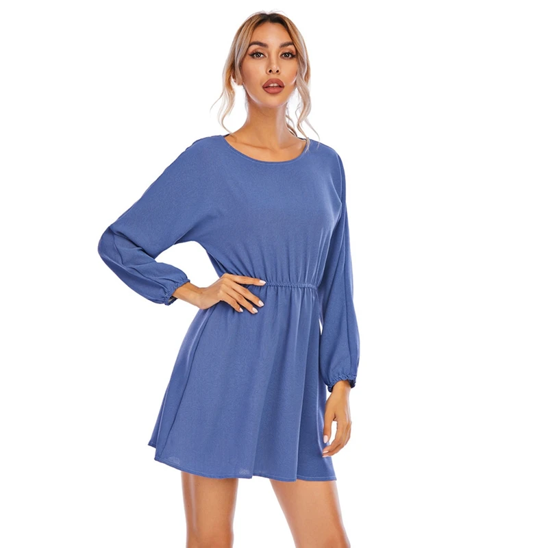 

Spring Summer Fashion Solid Color Long Sleeve Dresses Women Elegant Casual Round Neck Mini Dress Office Lady Dresses