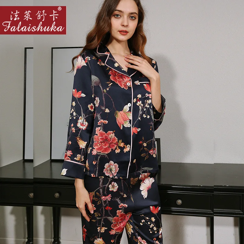 100% Silk Homewears Pajamas Set Women Floral Print 2021 Summer Spring Female Home Wears Two Piece Pajamas Set Sleepwear