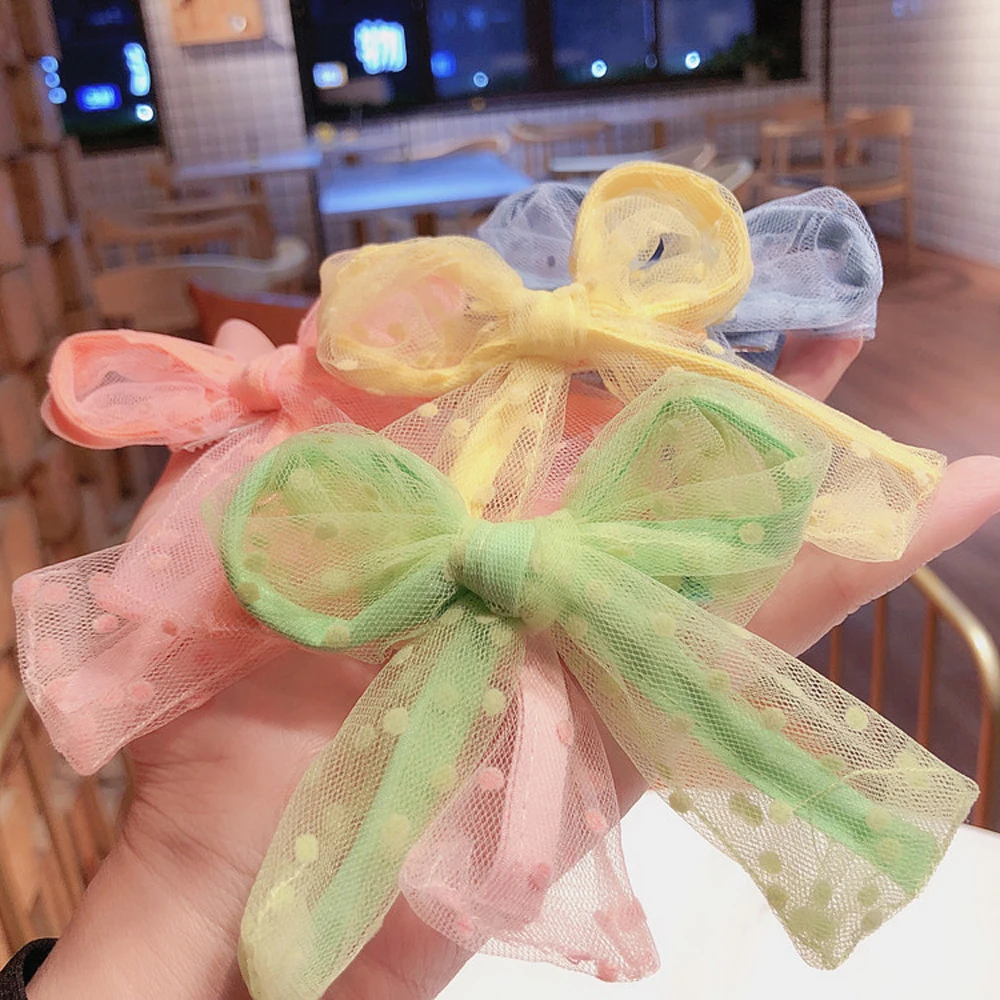 

New Korean Simple Cute Hair Clips Candy Color Mesh Dots Kids Bow Duckbill Clip Barrette Sweet Princess Girl Hairpins Headwear