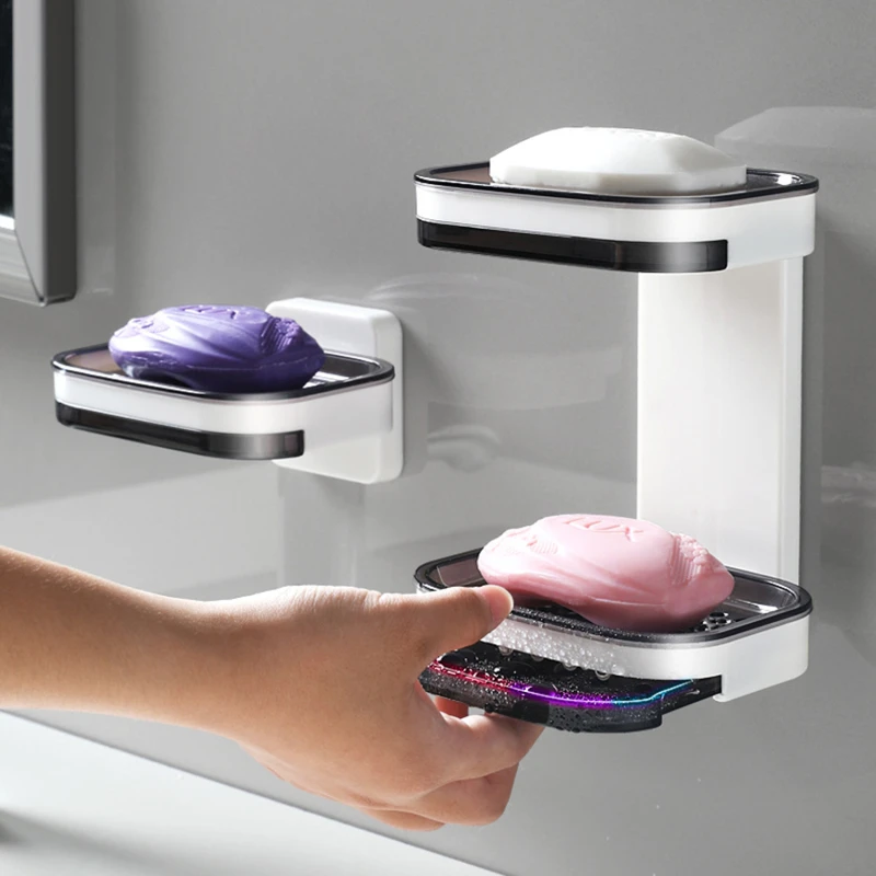 

Wall Mounted Double Layer Soap Dish Punch-Free Drawer Draining Holder Kitchen Sponge Storage Box Bathroom Organizer Rack Shelves
