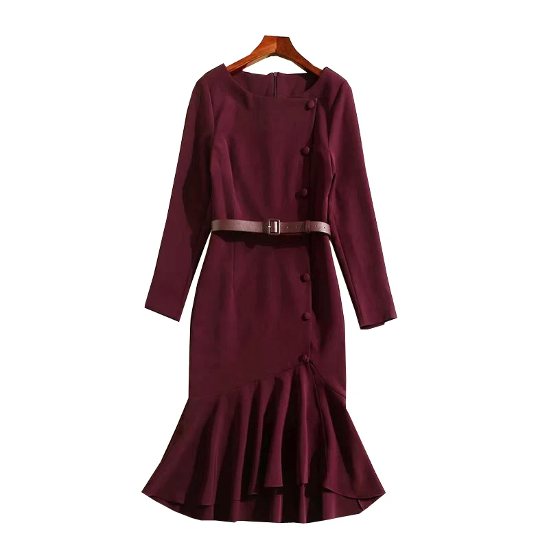 

JCHB 2021 Lady's temperament spring and autumn new banquet dress wine red medium length slim dress