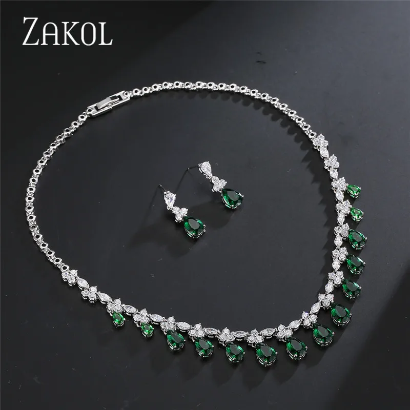 Green ZAKOL Винтаж Высокое качество кубического циркония Висячие Серьги Ожерелье Набор Свадебные украшения для женщин свадебный ужин FSSP093 - Окраска металла: Green