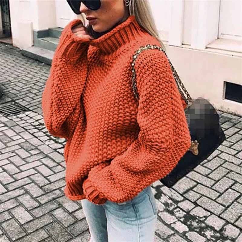 

2020 New Oversize Turtleneck Knitted Sweater Winter Knitwear Plus Size Slim Solid Green Orange White Warm Casual Sweater Women