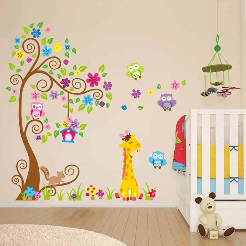 

Large Size Trees Animals Colorful Owl Wall Stickers Wall Decals Adhesive For Kids Baby Room Mural Home Decor DIY Wallpaper
