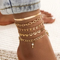 5 piece set anklet punk new hollow love anklet snake shaped chain zircon key tassel multi layer anklet set jewelry for women