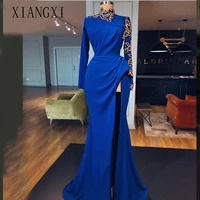royal blue mermaid evening dresses golden high collar high split long prom dress robe de soiree formal party gowns 2020 vestidos