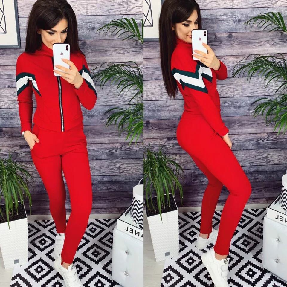 

Fashion Women's Suit Spring Casual Zipper Collar Geometric Stitching Knitted Regular Trousers Sports Two-piece Suit Donsignet