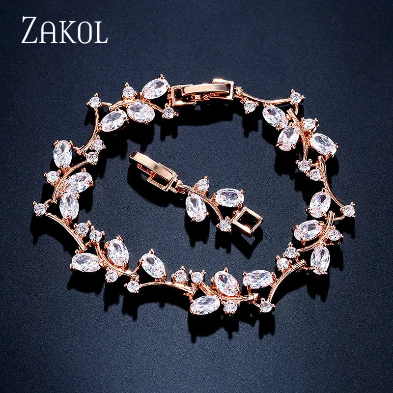 Женский браслет ZAKOL модный из кубического циркония с листьями и цепочкой белого