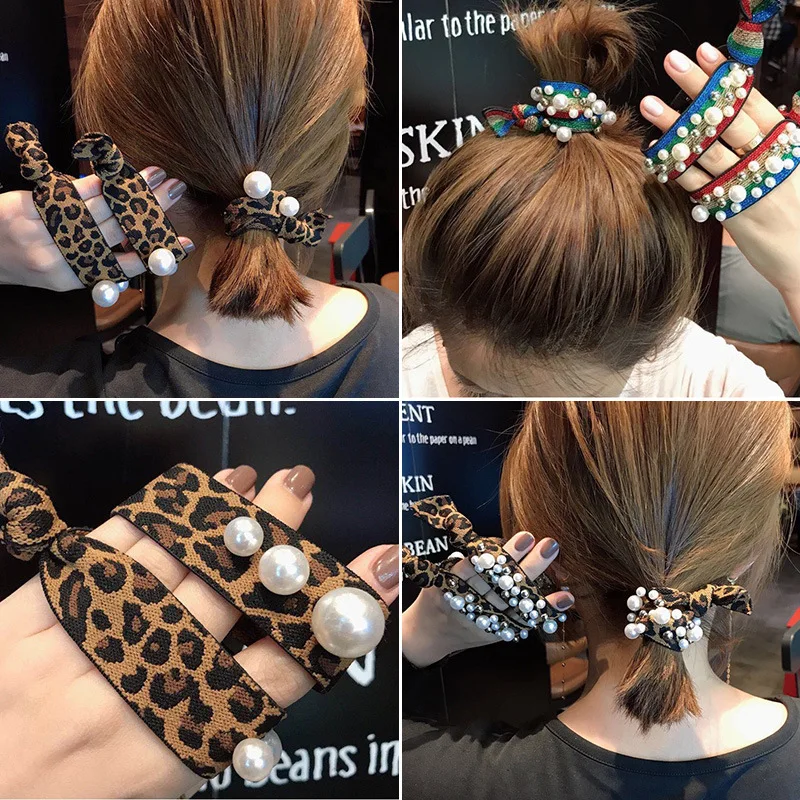 

Casual Scrunchies Print Leopard Scrunchie Pearl Elastic Hair Bands Korea Style Women Girls Knitting Headwear Hair Accessories