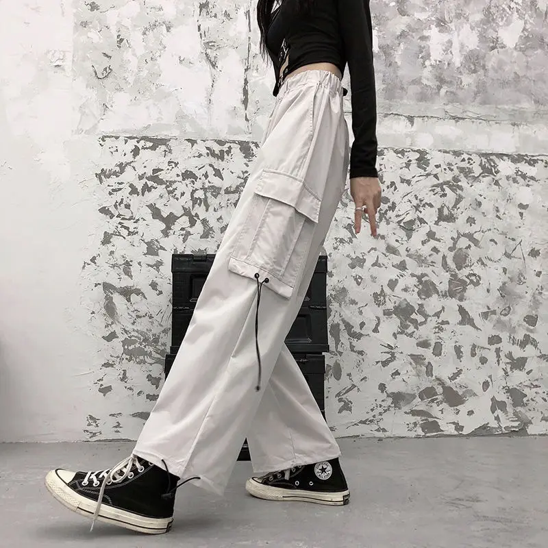 

Street style Cargo Pants women Korean vintage casual loose high waist corset pants vintage Harajuku elastic waist hip-hop pants