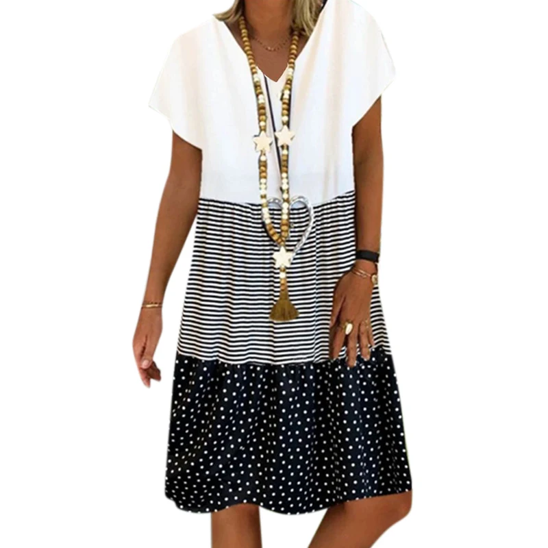 

Large Size Dress for Women Summer 2020 Casual Loose Striped Color Stitching Dot Printed Dresses Ladies Leisure V Neck Vestidos