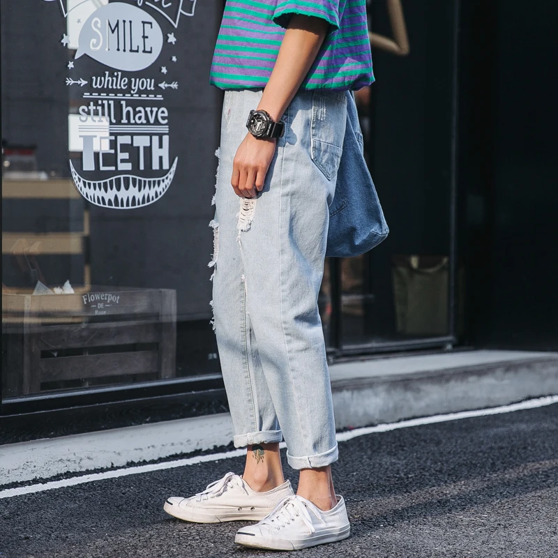 

2020 Spring And Autumn New Chic Korean Youth Popular Solid Color Hole Large Size Jeans Fashion Casual Feet Pants Blue 27-34